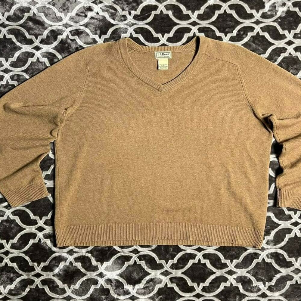 Vintage LL Bean Lambswool Sweater Men's Large Tall Brown V-Neck Winter Mid-Layer